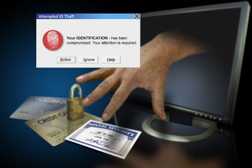 A hand reaches out of a computer monitor and grabs credit cards and social security card.