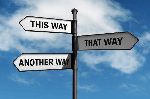 Crossroad signpost saying this way, that way, another way.