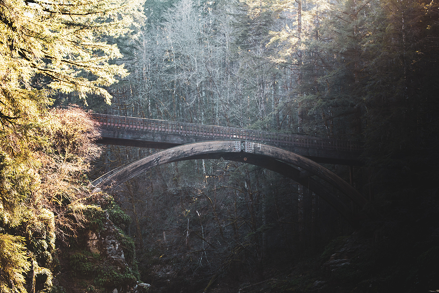 The wooden bridge at Moulton Falls in Battle Ground, Washington, USA.